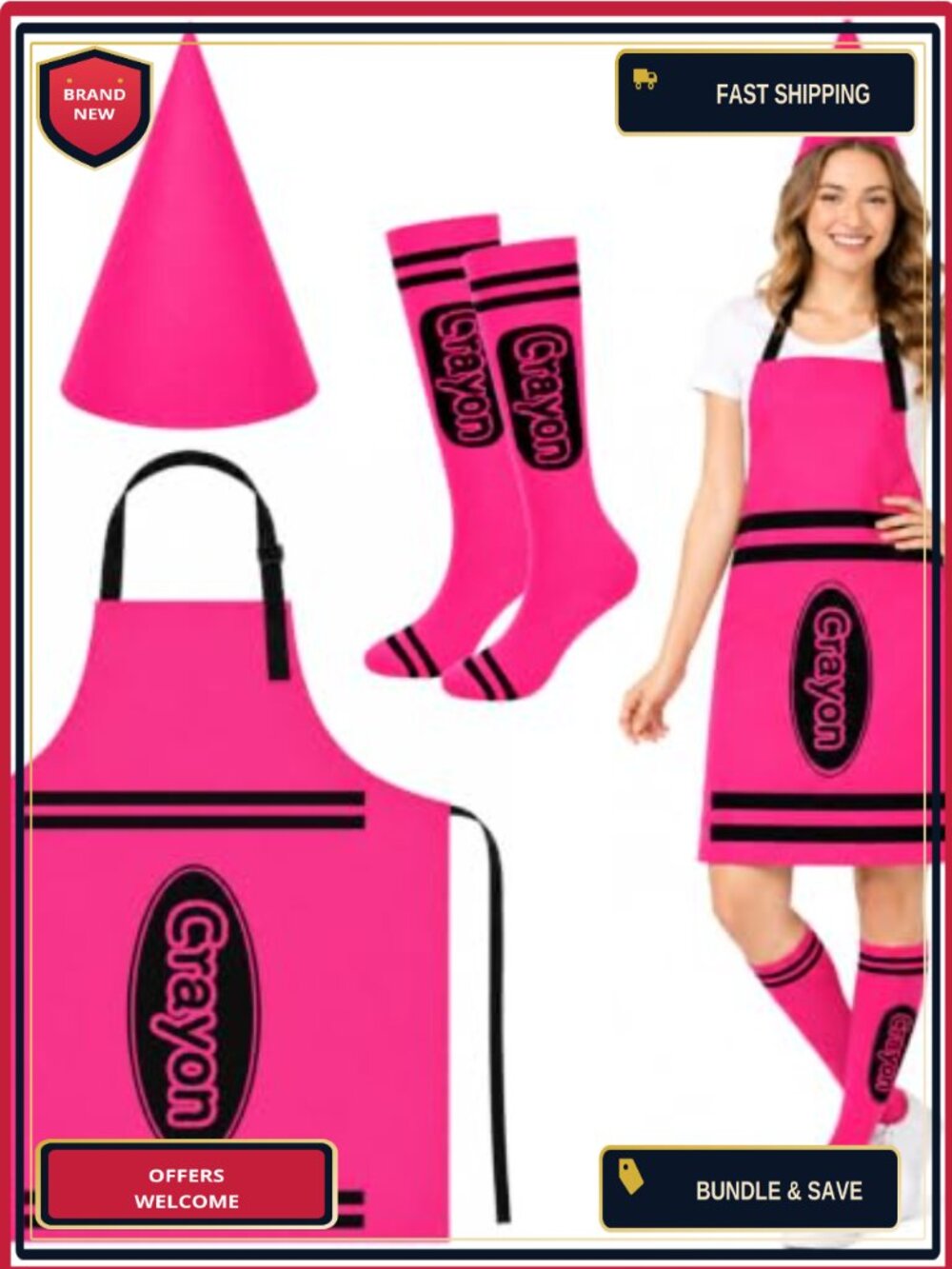 Crayon Costume Set Cone Hat Apron Socks Halloween Party Dress Up